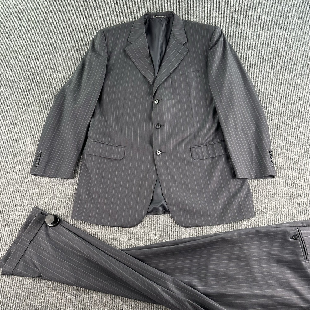 Vintage Corneliani Suit 44 L Gray Wool Striped Italy Premium Pleated Pants 38x31